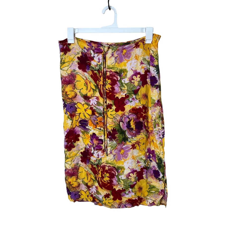Floral Midi Skirt‎ Yellow Red Purple Tie Waist Casual Spring Summer Women